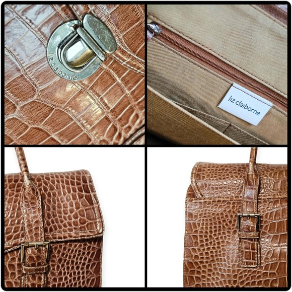 Liz Claiborne Large Brown Croc Embossed Leather Laptop Satchel Purse Tote Bag - Picture 6 of 15